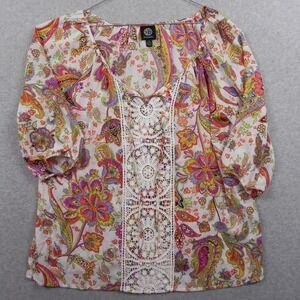 Bobeau Top Womens Medium V-Neck Sheer Blouse Boho Colorful Floral‎ 3/4 Sleeve